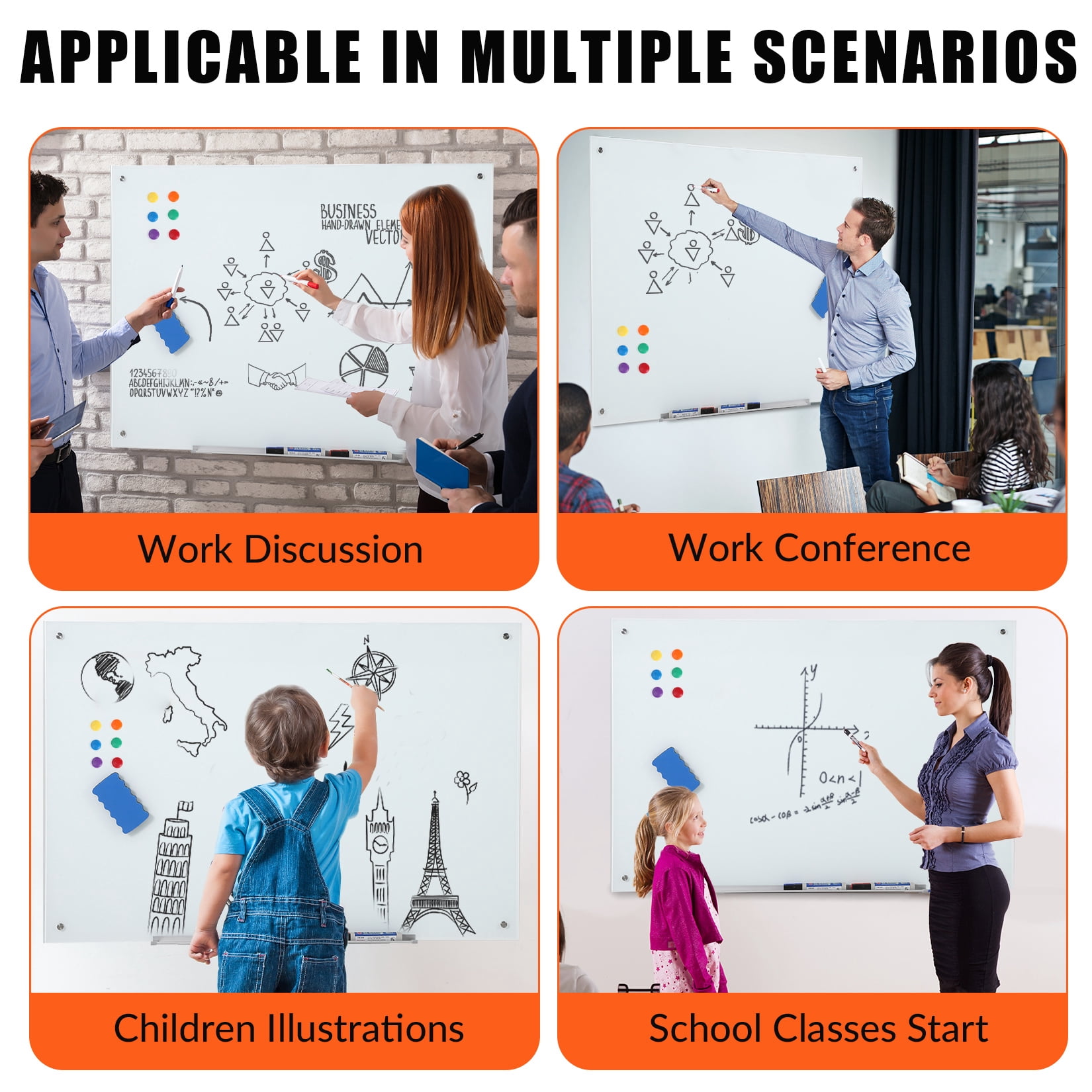 Magnetic Glass Whiteboard Frameless Dry Erase Board with 6 Strong Magnets, Tempered Glass Writing Board for Office, Home & School, White, 23.6" x 17.7"