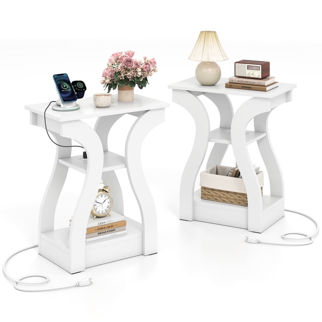 Gymax End Tables w/Charging Station Set of 2 3-Tier Side Tables w/USB Ports & Outlets White