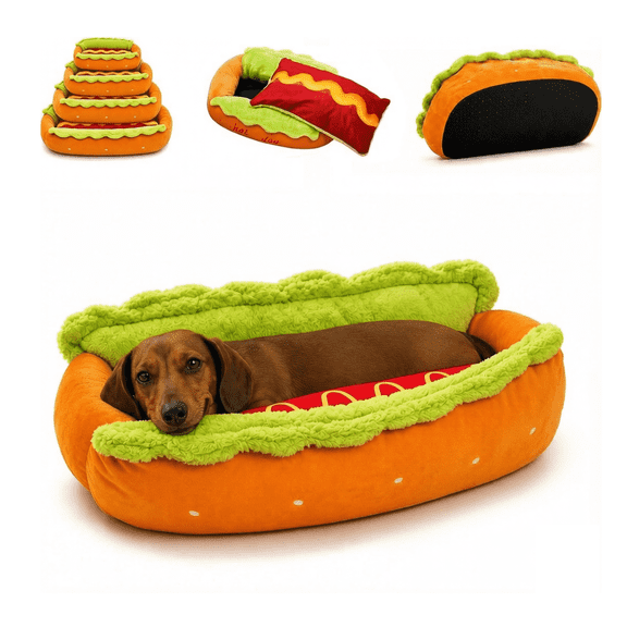 Hot Dog Dog Bed, Detachable and Washable Hot Dog Bed for Dachshund, Soft Plush Pet Bed with Non-Slip Bottom, Cozy Indoor Nest for Cats and Dogs