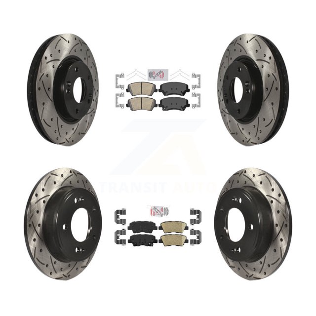 Transit Auto Front Rear Ceramic Pads and Coated Drilled Slotted Disc Brake Rotors Kit for Car 2016 Hyundai Veloster Tech SE KDA-101171