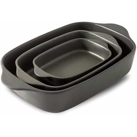 Casserole Dishes for Oven, Stoneware Baking Dishes Set of 3, Ceramic Baking Pan, Deep Rectangular Lasagna Pan, Farmhouse Bakeware Sets for Christmas Gift, (14.9"/12"/8.8"), Matte Black