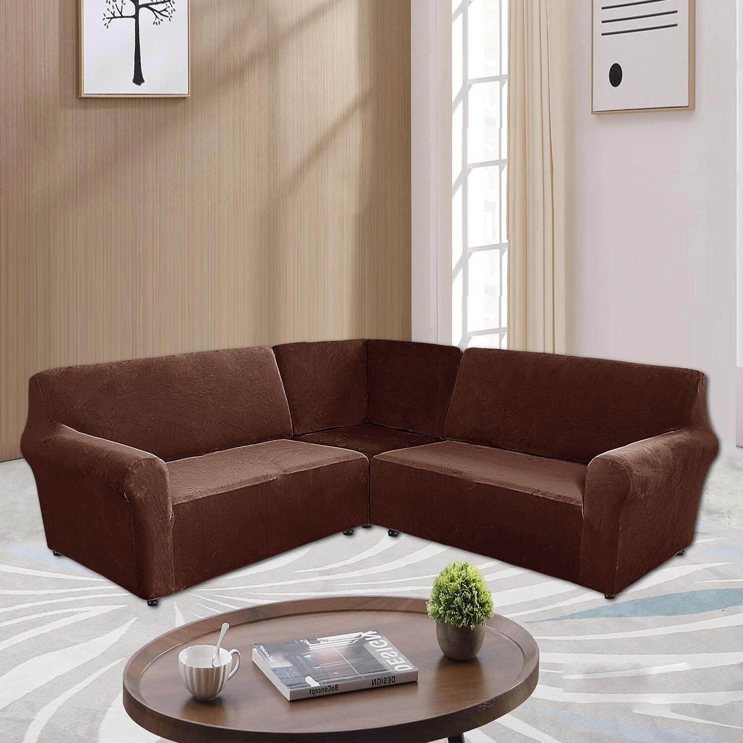 TOPCHANCES 3-Piece Velvet Recliner Sofa Covers, 7 Seat L-Shaped Corner Sofa Covers, Stretch Sectional Couch Slipcover ( Dark Brown )