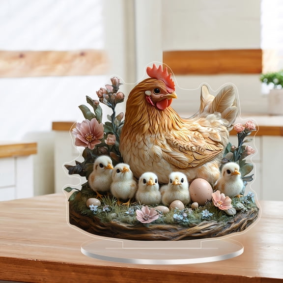 Yard Art,Chicken Decor,Mother's Day Hen Protects Chick 2D Acrylic,Garden Mother Hen and Baby Chick Statue Sculpture Standing Farm Animal Decoration Chicken Sculpture(8IN)