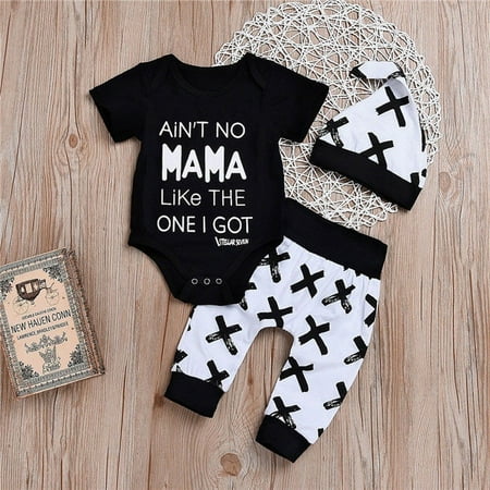 

Newborn Baby Boy Girls MAMA Print Tops Romper +Long Pants Leggings Hat Outfits Set Clothes