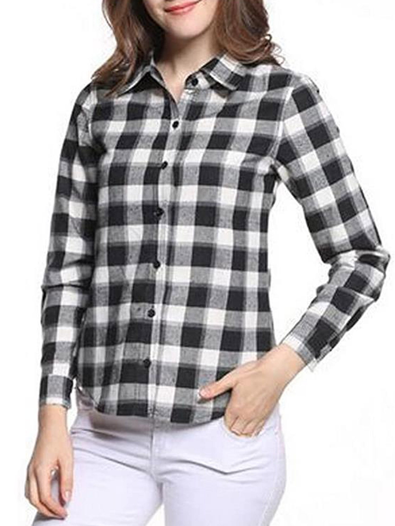 FOCUSNORM Women's Checkered Plaid Button Down Shirt Top with Roll Up ...
