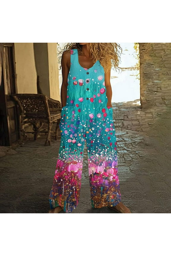 Jumpsuit for Women Sleeveless Crewneck Wide Leg Jumpsuits Fashion Floral Prints Boho Hawaiian Overalls Vintage Casual Loose Bib Pants with Pockets