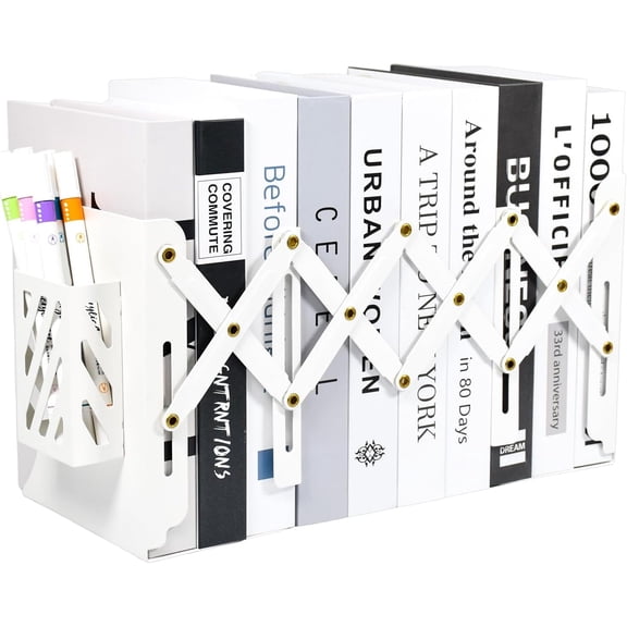 SAYEEC White Adjustable Metal Bookends with Pen Holder, 3 Dividers Expandable Desk Magazine Binder Organizer for Bookcase Office Home