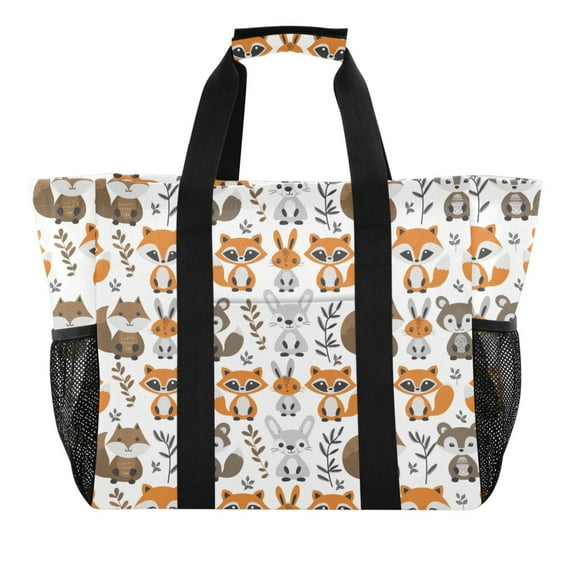 Fox Rabbit Squirrel Reusable Grocery Bags with Handle Side Pocket Waterproof Shopping Portable Tote