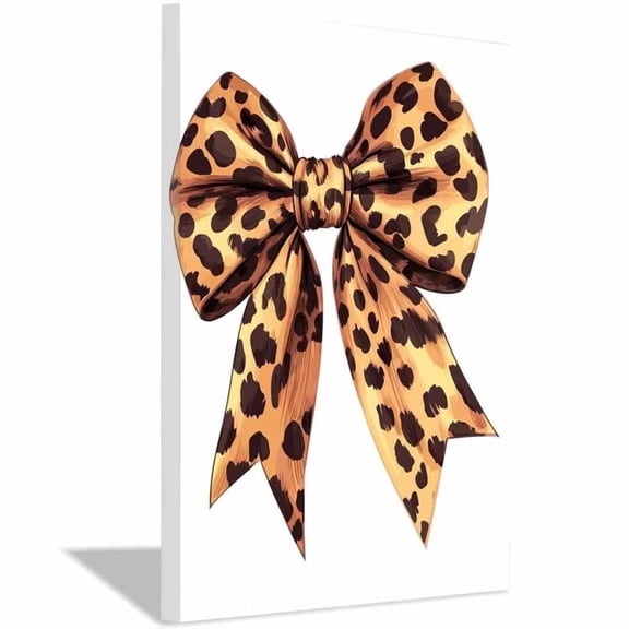 Mudket Framed Leopard Print Bow Canvas Wall Art, Cute Cheetah Print Bow Wall Decor, Trendy Girly Art Ready to Hang for Girls Bedroom - 12"L x 8"W