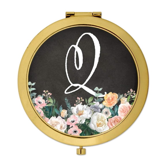 Koyal Wholesale Gold Compact Mirror Bridesmaid's Wedding Gift, Peach Flower Florals on Chalkboard, Monogram Letter Q