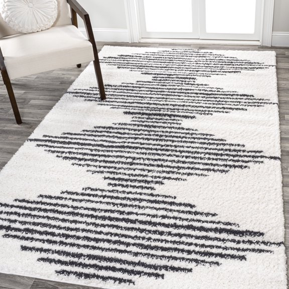 JONATHAN Y MOROCCAN HYPE 8 x 10 Area Rug, Elm Diamond Stripe Geometric Shag - White/Gray, MOH408A-8