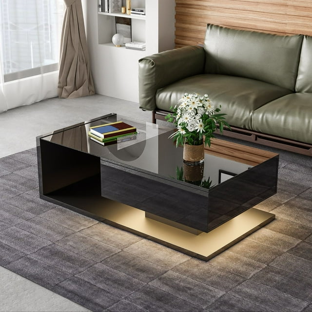 MODERNLUXE 41.5" Coffee Table with LED Lights, Rectangle Living Room Table with Glass and 1 Large Drawer,Black