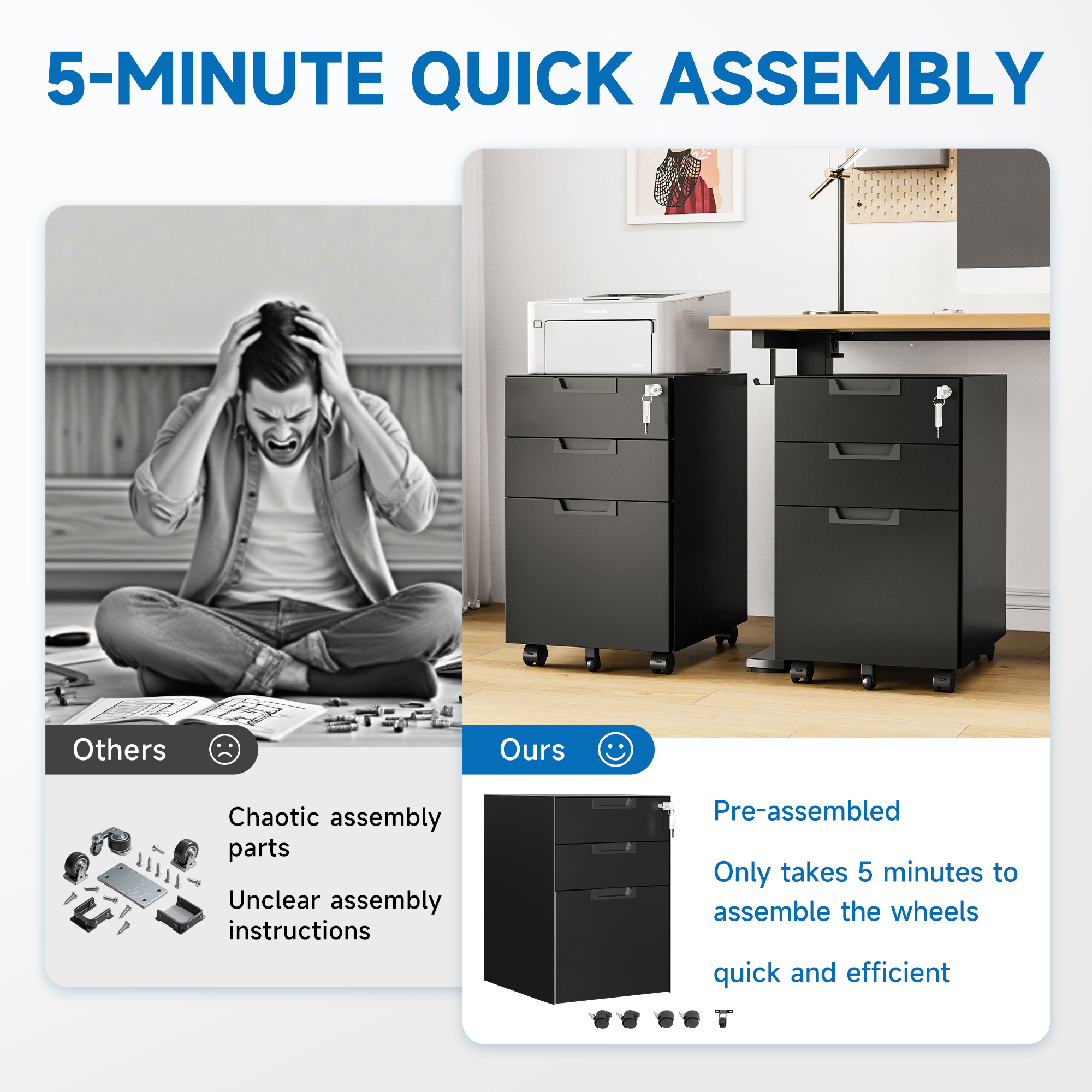 Fesbos Metal Mobile File Cabinet with Lock, 3 Drawer Rolling Filing Cabinets for Home Office, Fully Assembled, Black, 23.6"H*17.32"D* 14.6"W, Fits Letter/Legal/A4 Size Files