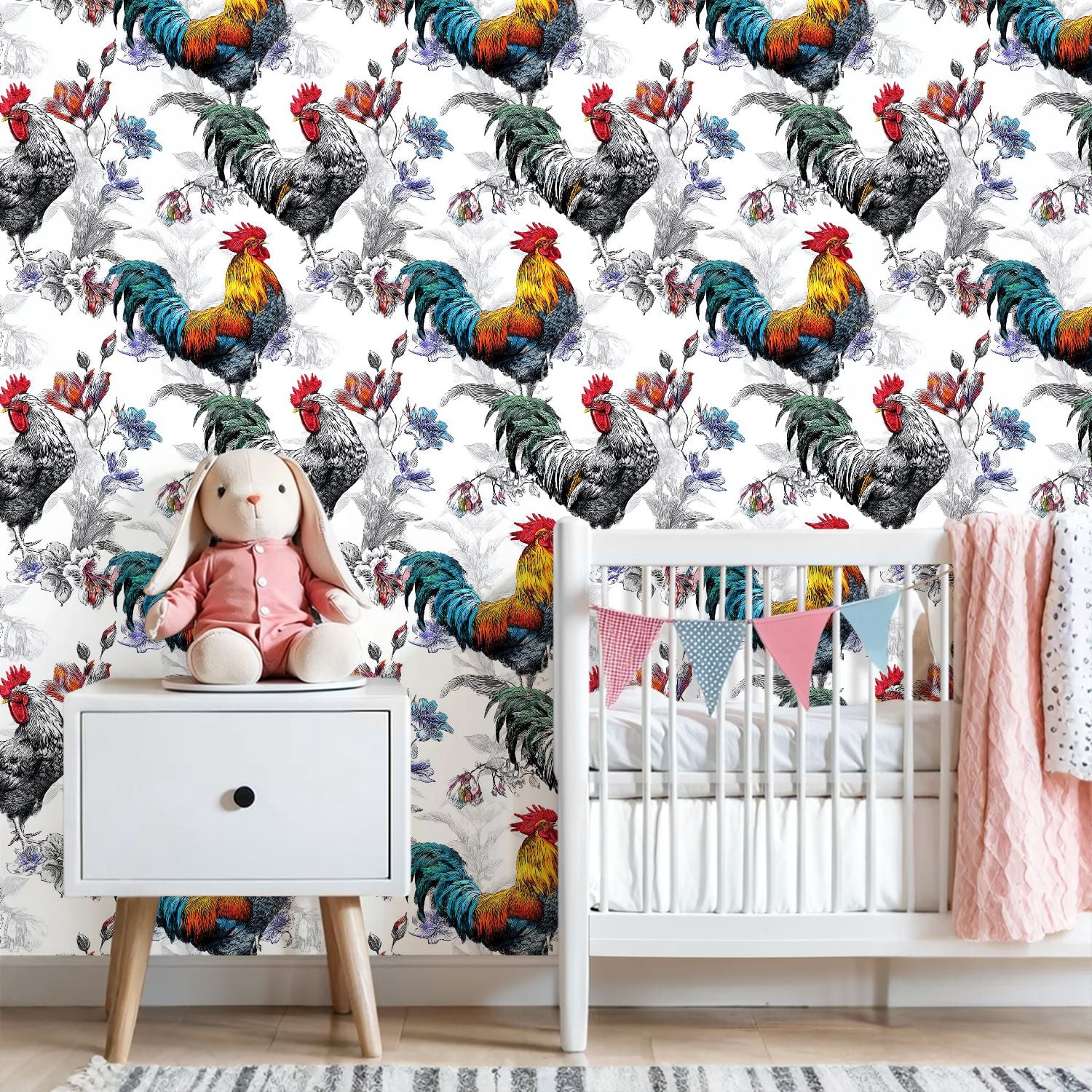Farmhouse Peel and Stick Wallpaper Vibrant Rooster Colorful Feathers Floral Wall Mural 23.6in x 9.8ft Self Adhesive Wall Paper for Cabinets Drawers Bathroom Bedroom Thicken Vinyl Roll