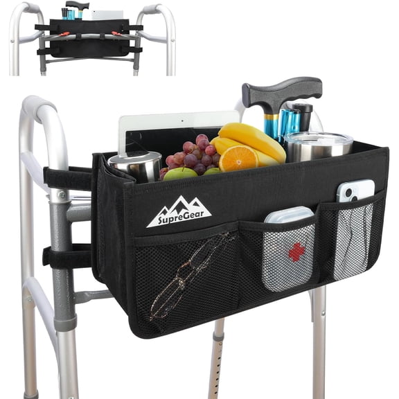SupreGear WalkerBasket Easy Installation Oxford Mobility Walker Bag with Large Pouch and Cup Holder, Black