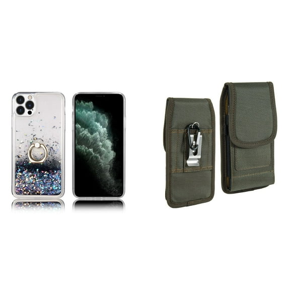 Waterfall Liquid Glitter Stand Case and Belt Holster Pouch for iPhone 14 Pro (Black/Green)