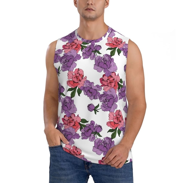 Fotbe Peonies Men's Camiseta sin Mangas Estampada para Hombres, Playera Casual para Gimnasio, Entrenamiento, Playa-Large