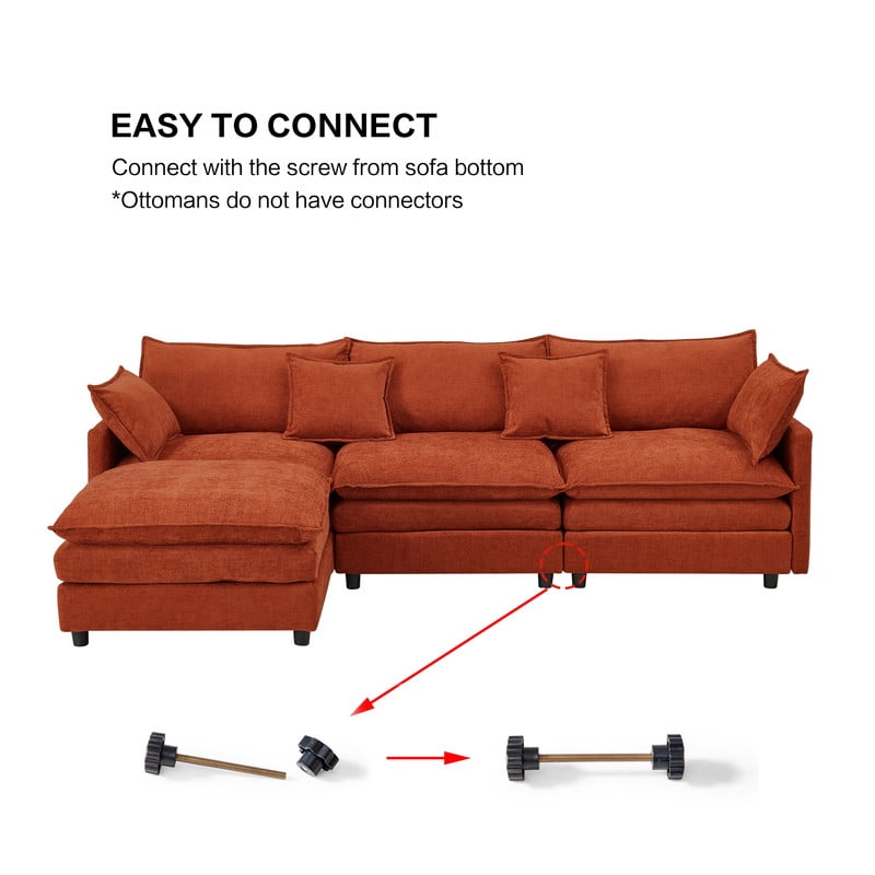 105" Modular Sectional Couch, 3-Seater Soft Chenille L-Shaped Sofa with Ottoman, Upholstery Sofa Couch with Pocket Coil & High-Density Foam for Living Room