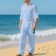 thumbnail image 2 of RYDCOT Men 2 Piece Beach Vacation Outfit Pants Set Summer Casual Fashion Linen Button up Stand Collar Long Sleeve Shirt Long Pants Set Light Blue, 2 of 9
