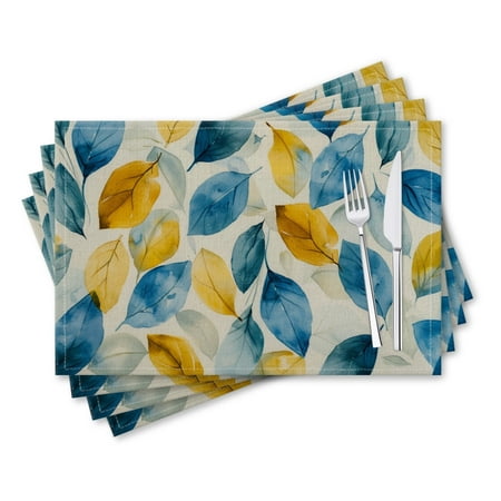 

BaHomeck placemats Set of 4 rectangle Linen Cotton Placemats for Dining Table Washable Heat Resistant 18*12inch Blue And Yellow Leaves On A White Background