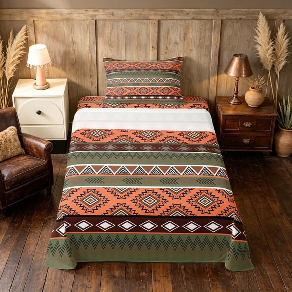 Manfei Boho Aztec Twin Sheets, Tribal Geometric Bedding, Multicolor Orange, Black Reversible 3 Pieces1 Flat Sheet 1 Fitted Sheet 1 Pillowcase