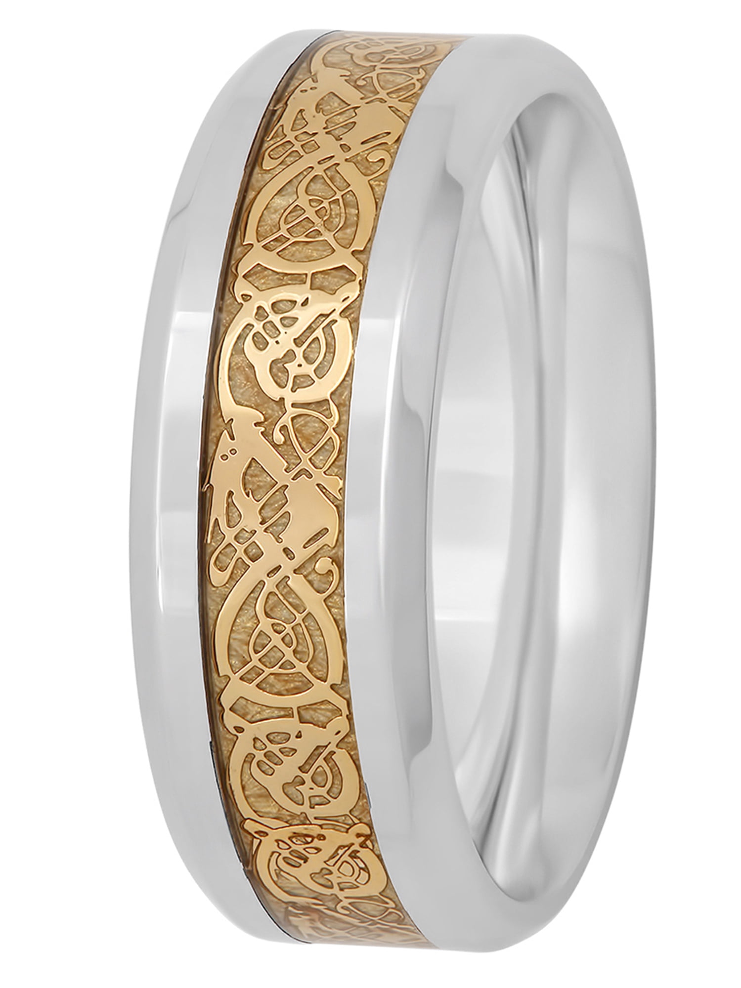 Mens Stainless Steel Gold-Tone IP Filigree Wedding Band - Mens ring