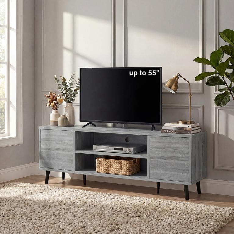Vineego TV Stand for 55 Inch TV with 2 Push-to-Open Doors, Mid-Century Modern Media Console with Open Shelves, Entertainment Center for Living Room Bedroom, Gray