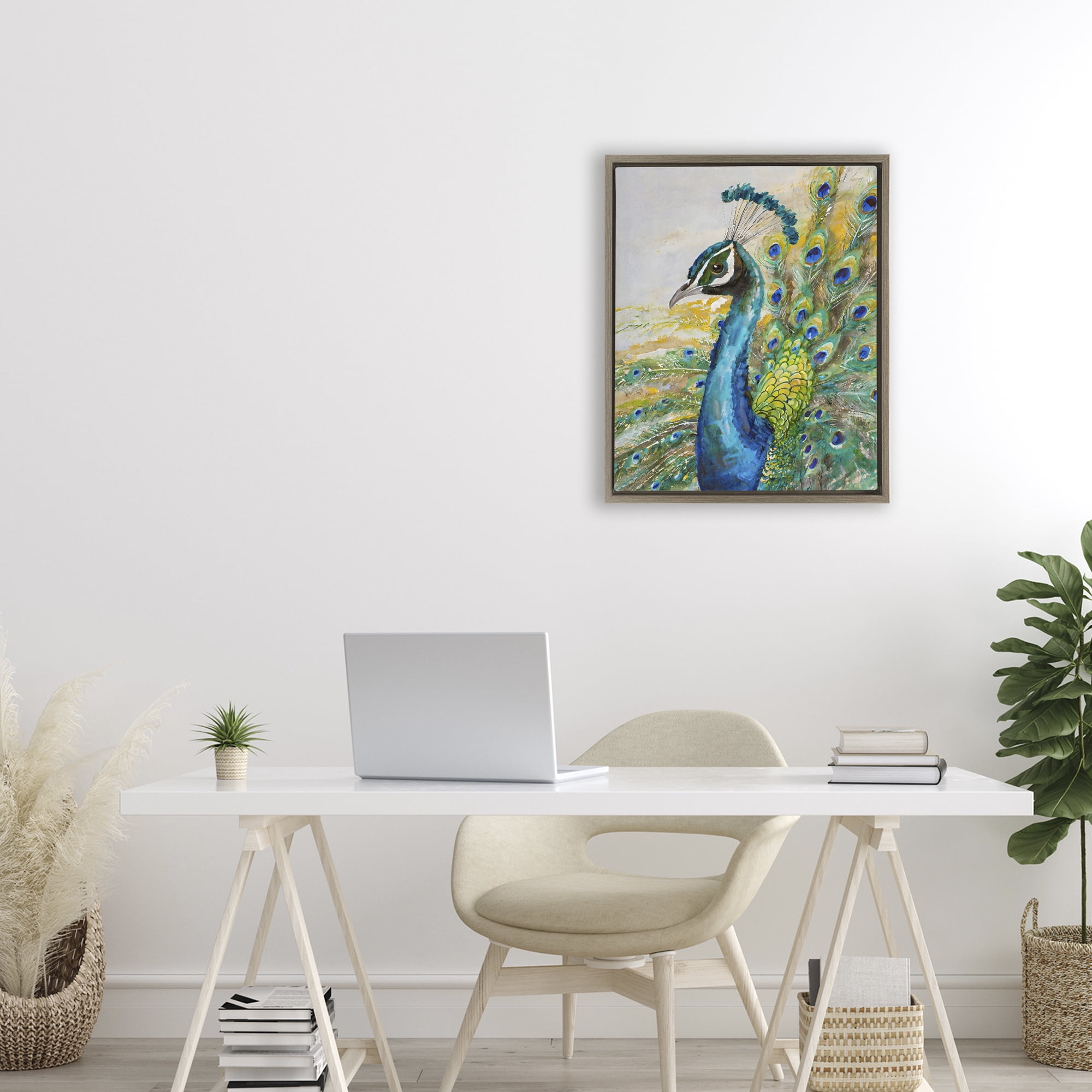 Stupell Industries Regal Blue Peacock Feathers Brown Framed Floater Canvas Wall Art, design by Creative Studio