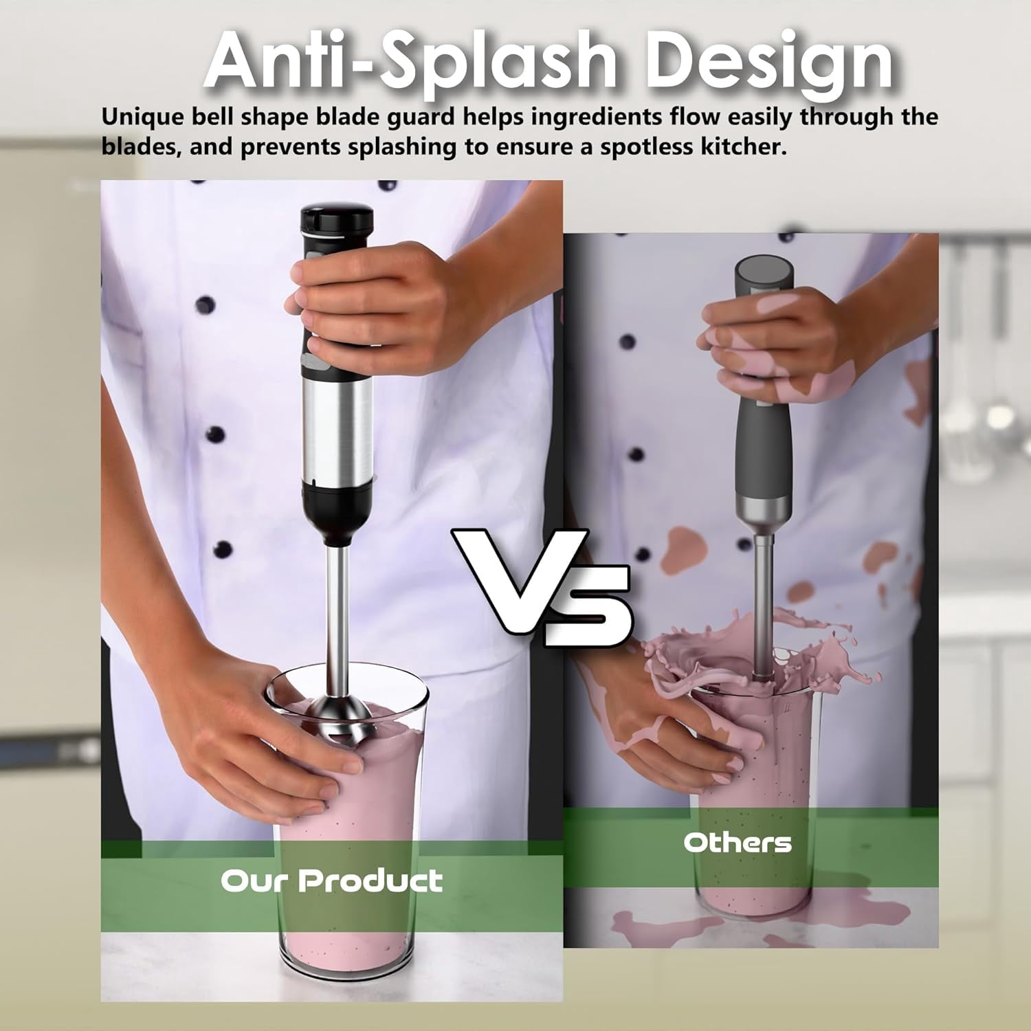 Cordless Immersion Hand Blender 5-in-1 with 2000mAh Battery, BPA-Free Stainless Steel Accessories for Smoothies and Soups