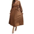 thumbnail image 2 of Sunloudy Vestido casual para mujer, cuello en V, manga larga, color sólido, cintura alta, plisado, vestidos largos con cinturón Sunloudy S M L XL, 2 of 8