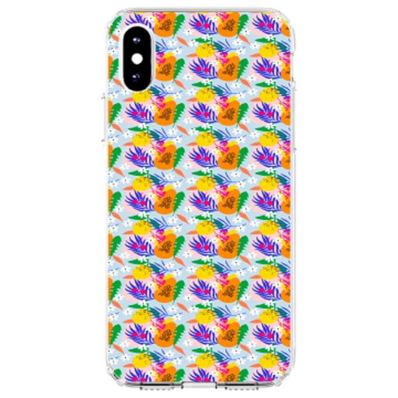 DistinctInk Clear Shockproof Hybrid Case for iPhone XR (6.1" Screen) - TPU Bumper, Acrylic Back, Tempered Glass Screen Protector - Summer Vibes Floral Pattern Orange Blue Green