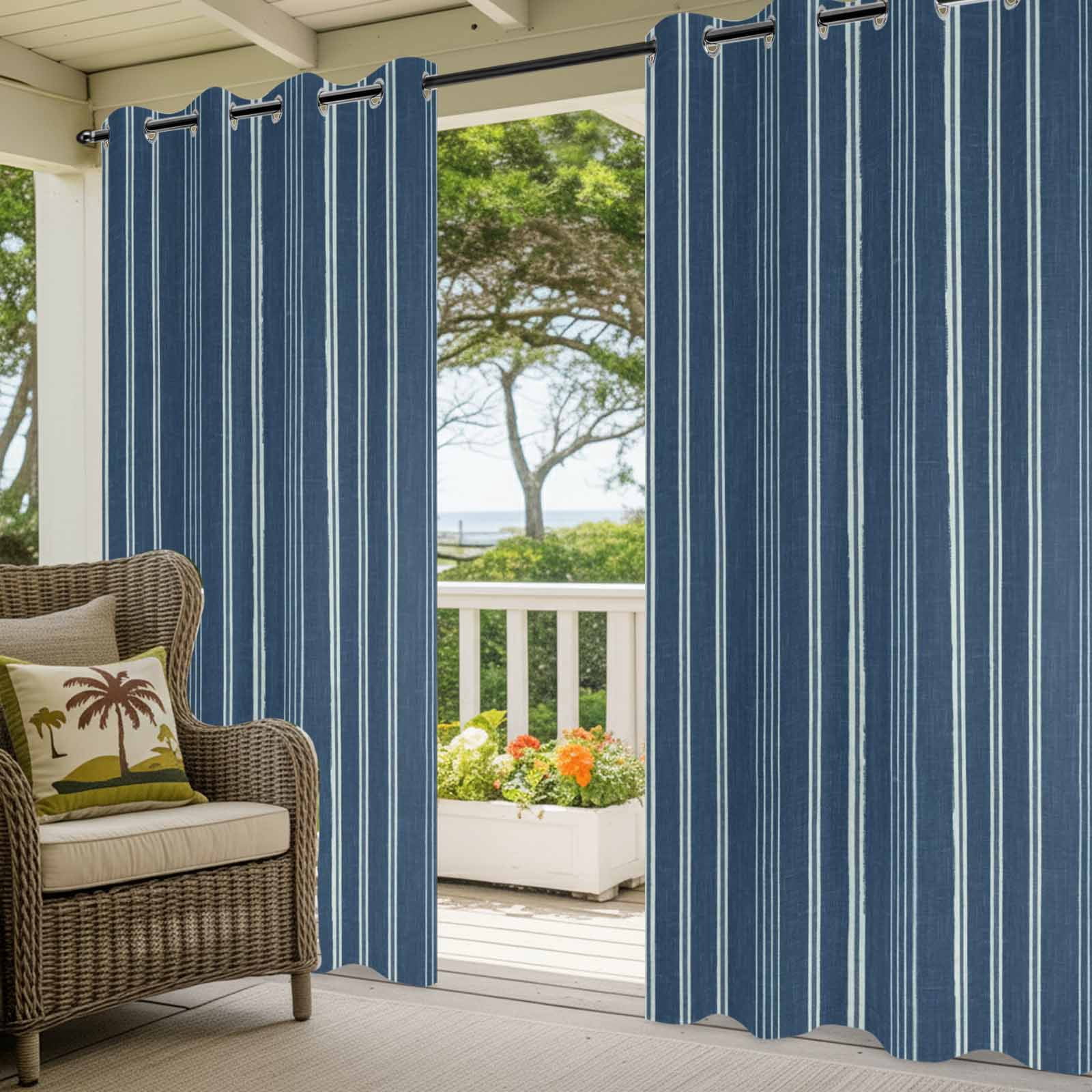 Navy Blue Striped Outdoor Curtains for Patio, Minimalism Stripes Modern Vintage Farmhouse Abstract Sunshade Privacy Drapes Grommet Waterproof Outside Curtains for Porch Balcony 54"x108", 1 Panel
