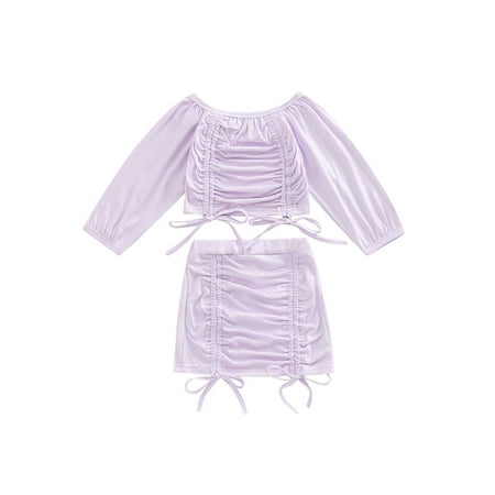 

Bagilaanoe 2Pcs Toddler Baby Girls Skirt Set Drawstring Ruched Long Sleeve Tops + Mini Skirts 12M 18M 24M 3T 4T 5T Kids Casual Outfits