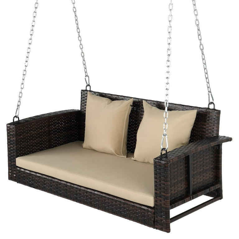Free Shipping Ktaxon Porch Swing 2 Seat Patio Rattan Wicker Porch Swings Outdoor Hanging Swing for Garden Yard Lawn w Beige Cushion Walmart