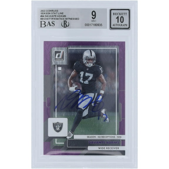 Davante Adams Las Vegas Raiders Autographed 2022 Panini Donruss Purple Season Stat Line #94 #/123 Beckett Fanatics Witnessed Authenticated 9/10 Card - Fanatics Authentic Certified