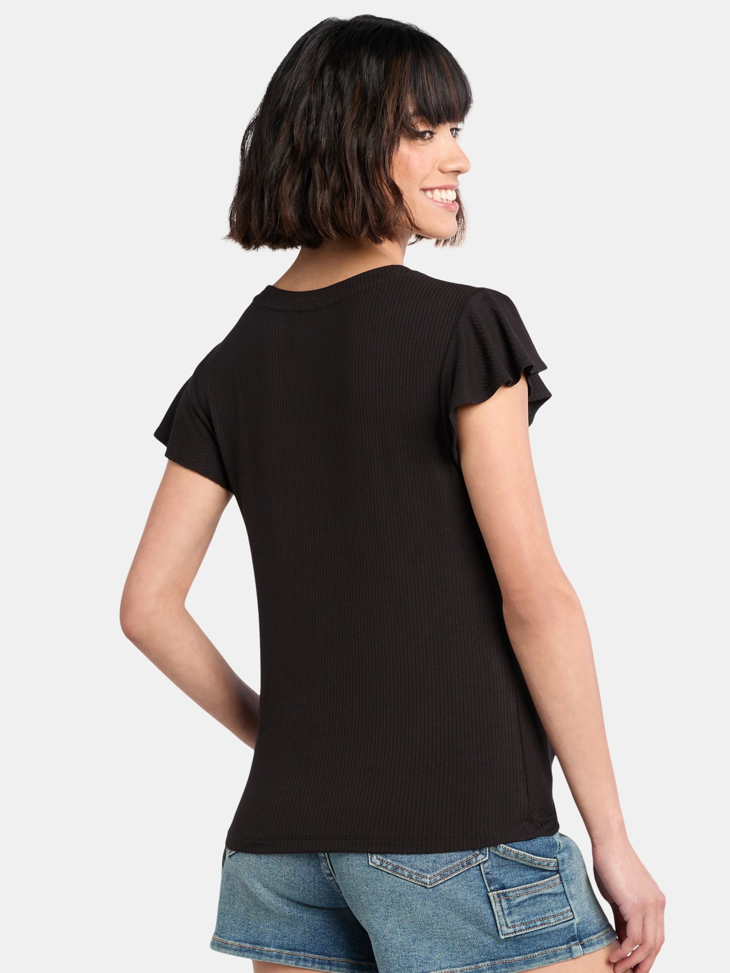Time and Tru Women's Crew Neck Short Sleeve Flutter Twist Top, Sizes XS-XXXL