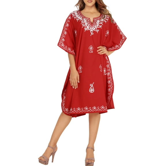 HAPPY BAY Women's Loungewear Casual Ladies Bikini Kaftan Beachwear Tunic Summer Vacation Coverup Mini Caftan for Women 2X-3X Red, Paisley