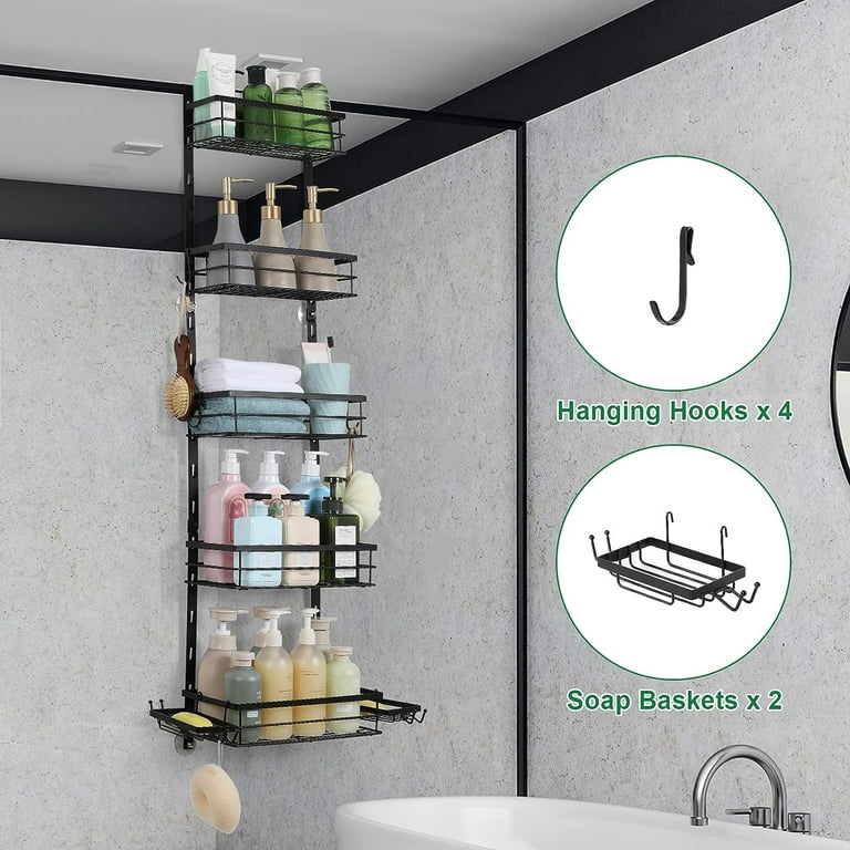 Hanging Shower Caddy over Shower Head Waterproof & Rustproof Shower Shelf  Organizer with Soap Holder & Hooks for Bathroom, Shampoo, Sponges, Towels