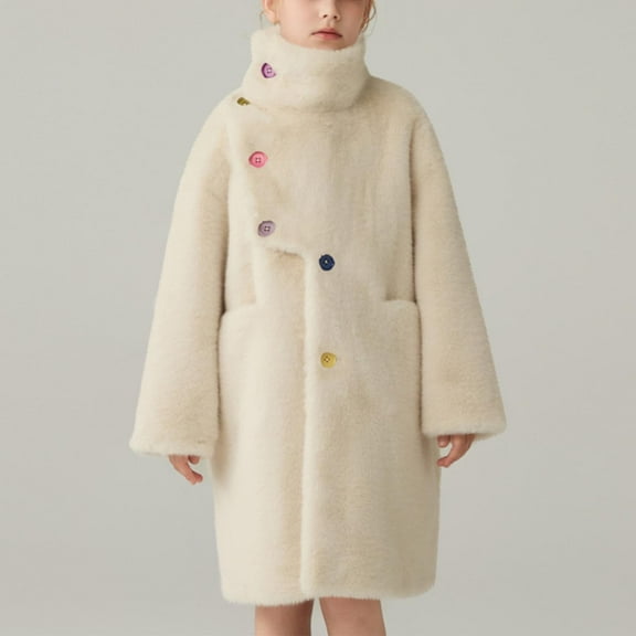 BRGZLK Girls Coat Solid Color Faux Fur Coat Winter Girl Imitation Mink Hair Fuzzy Coat Medium Long Style Long Sleeved Cotton Thickened Outwear White 15-16 Years