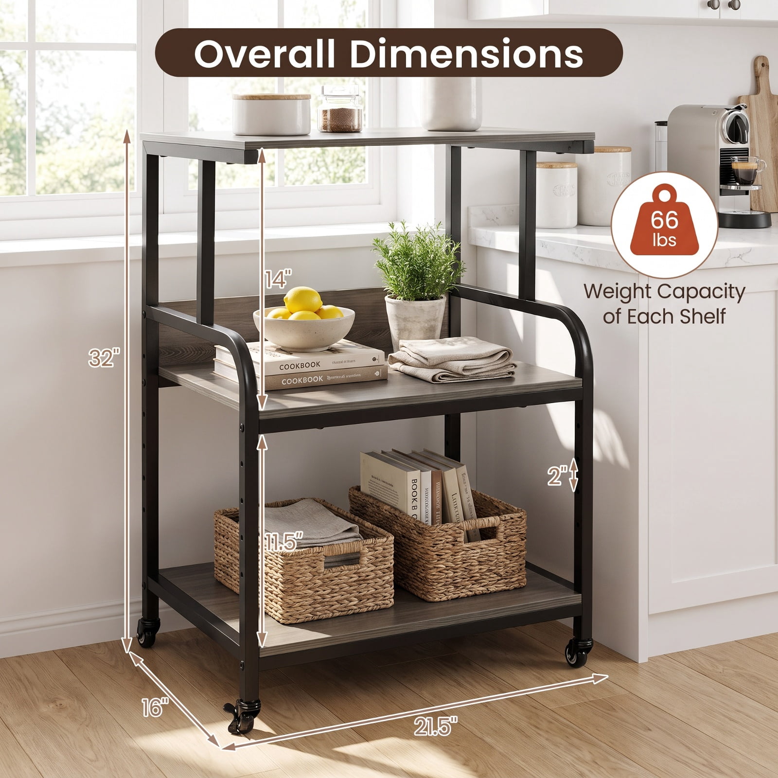 Furnibear 3-Tier Rolling Printer Stand with Adjustable Shelf and Lockable Wheels for Home Office Printer Machine Under Desk Storage, Oak