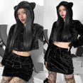 thumbnail image 4 of Black Conjunto de trajes de piel sintética de 2 piezas gótico punk para mujer, sudaderas con capucha con orejas de oso lindas, sudadera recortada con cordón, minifalda de cintura a, 4 of 5