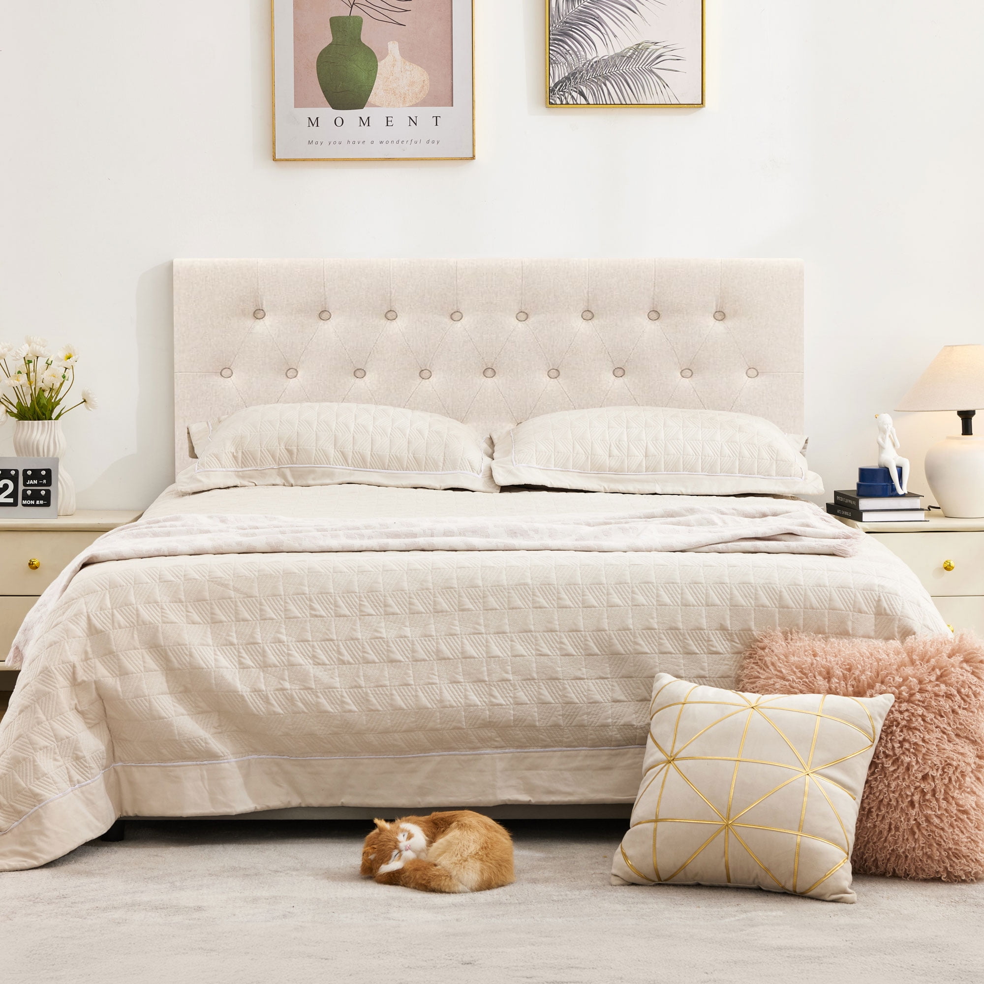 JONPONY Tufted Upholstered Headboard Queen Size, Solid Wood Head Board with  Adjustable Height  Headboard from 37" to 51",Bed Frame Adapters,Beige,Headboard Only