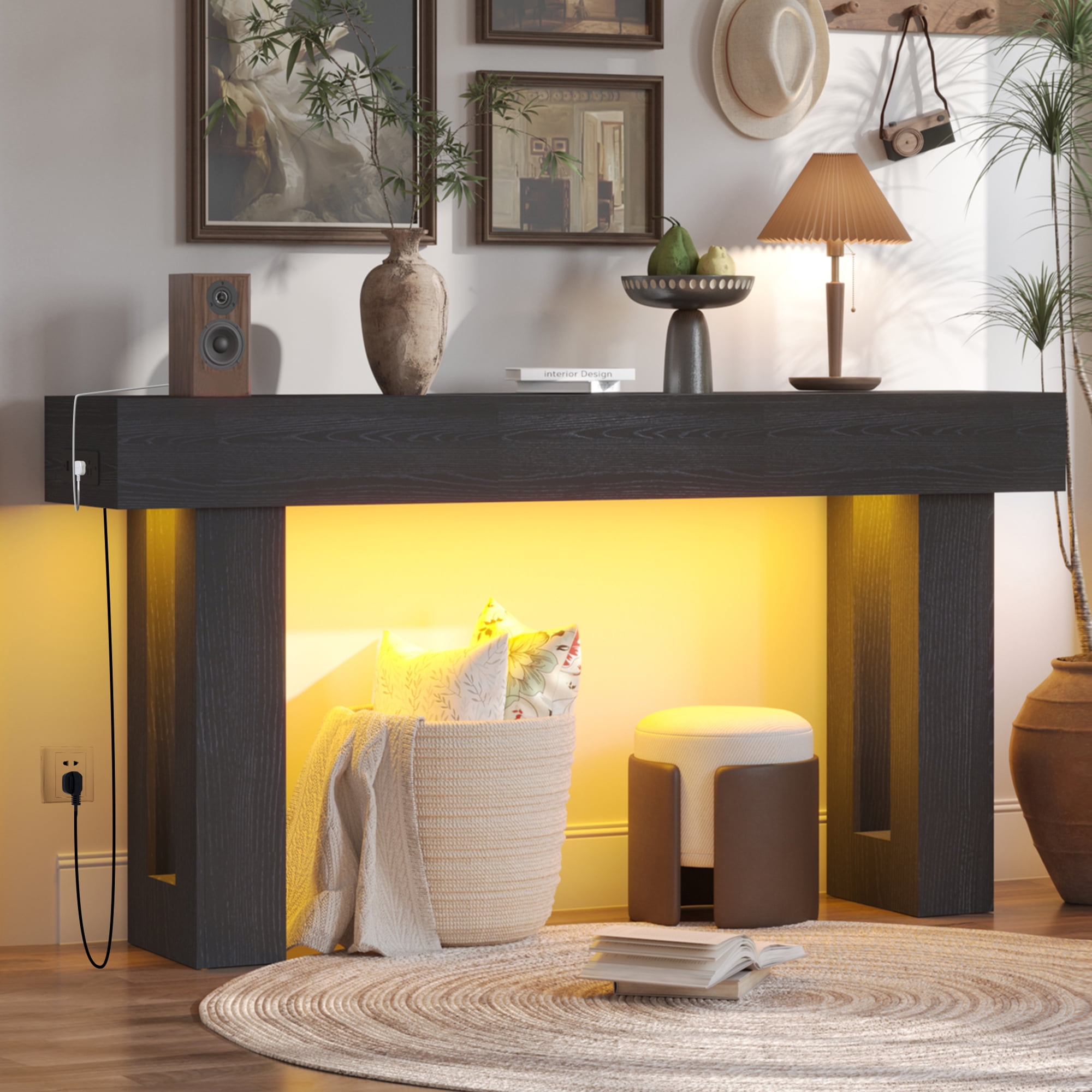 Haverchair 63 Inch Long Console Table with Outlets and USB Ports, Wooden Sofa Table Behind Couch with LED Lights, Farmhouse Rectangular Entryway Accent Table for Living Room, Hallway, Entrance