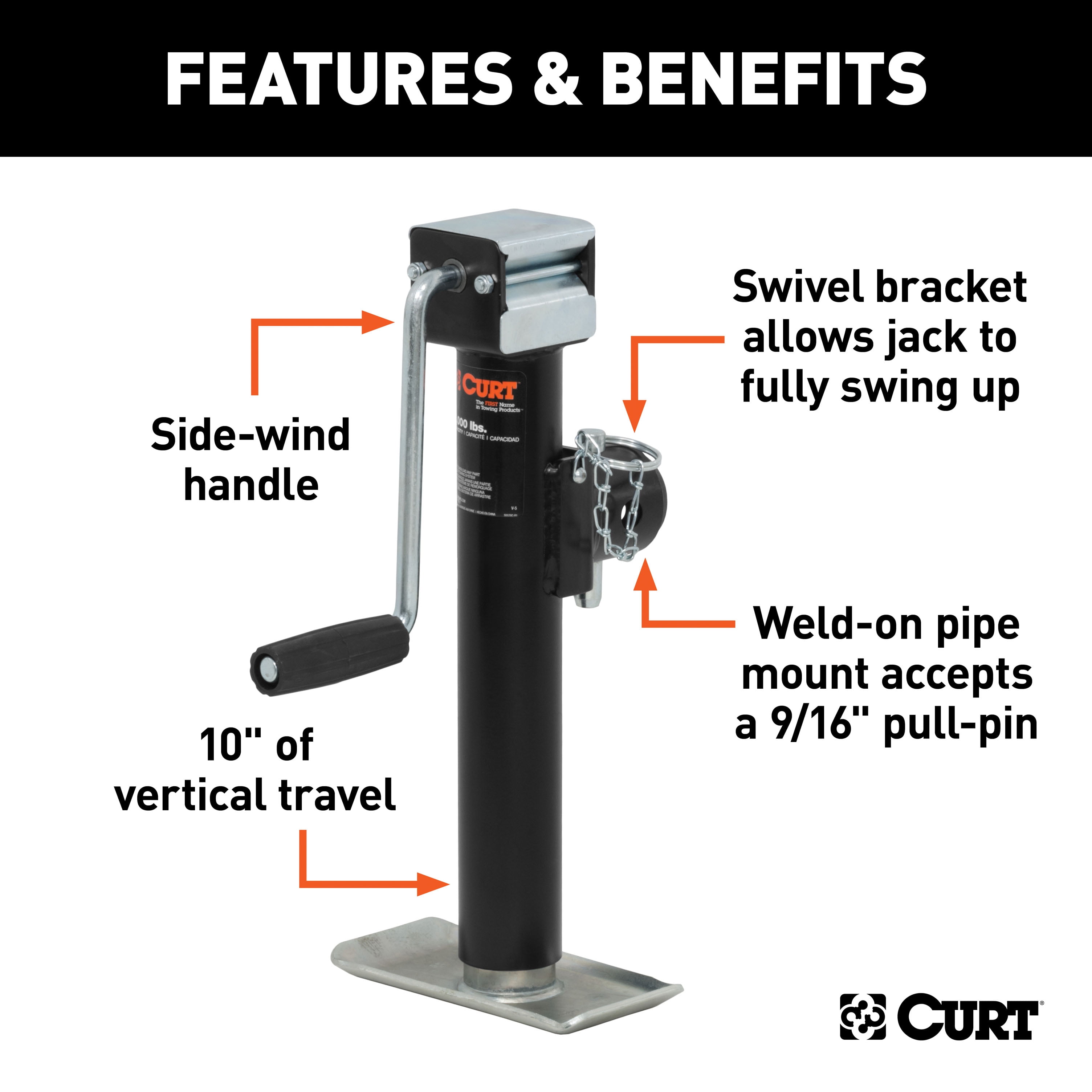 CURT 28354 Weld-On Pipe-Mount Swivel Trailer Jack, 5,000 lbs. 10 Inches Vertical Travel