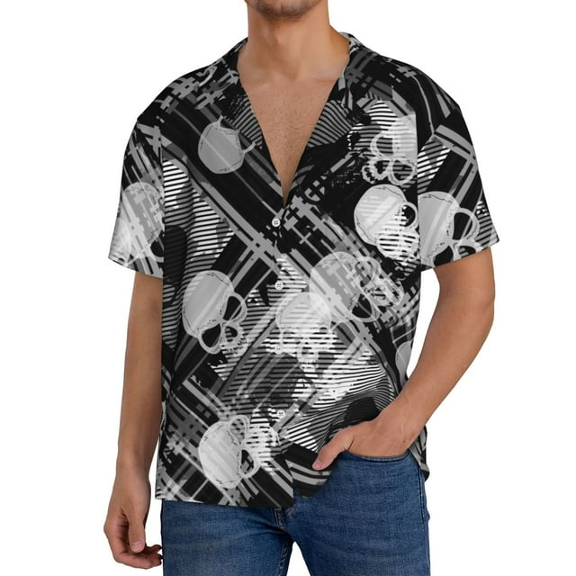 Bingfone Seamless Pattern With Skulls for Men's Cuban Collar Short Sleeve Shirt with Pocket Button Down Cardigan Summer Shirt-Large