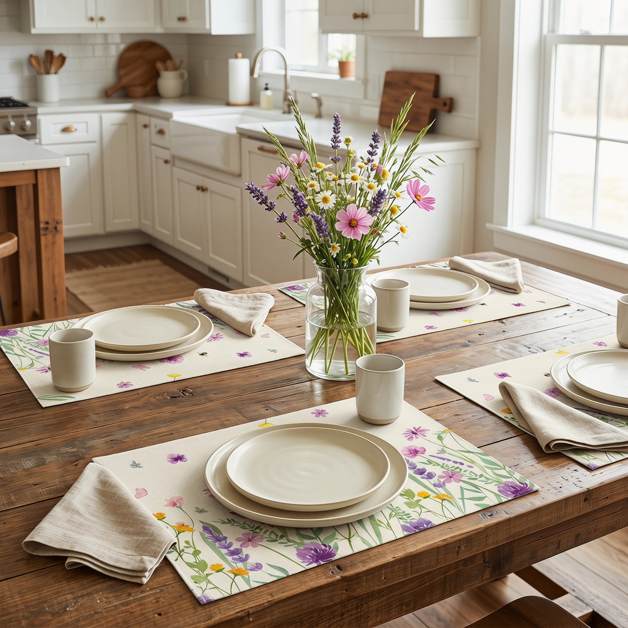 Unique Bargains Durable Farmhouse Placemats Set of 6 Linen Placemats Flowers C 18*12in