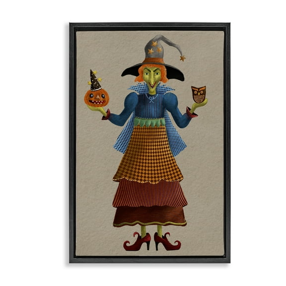 Stupell Industries Halloween Witch in Plaid Holiday Painting Black Floater Framed Art Print Wall Art, 17 x 25