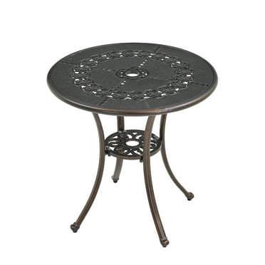 Mondawe 25 Inches Round Cast Aluminum Patio Dining Table with Umbrella Hole, Antique Outdoor Bistro Table Outdoor Side Table for Backyard, Garden, Patio, Porch, Bronze
