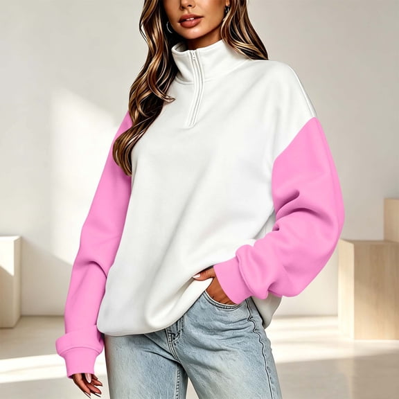 Karymi Womens Summer Tops Two-Tone Raglan Quarter Zip Stand Collar Sweatshirt, Color Block Long Sleeve Pullover Top, Fleece Oversized Loose Shirt Tops for Women Trendy