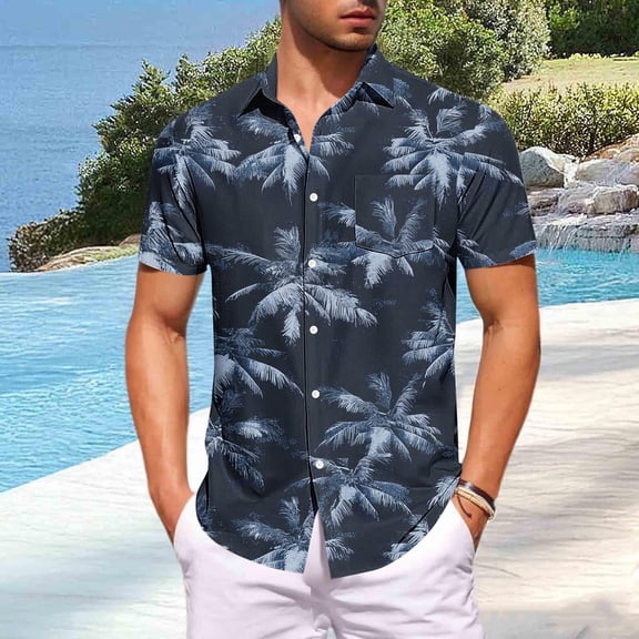 Summer Hawaiian Shirts for Men Oversized Lapel Button Down T Shirts Tops Men's Casual Tropicals Printed Turndown Plus Size Lightweight Breathable Comfy Vacation Tee Shirt